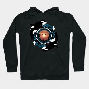 Twin Orcas on Polynesian Sunset Hoodie